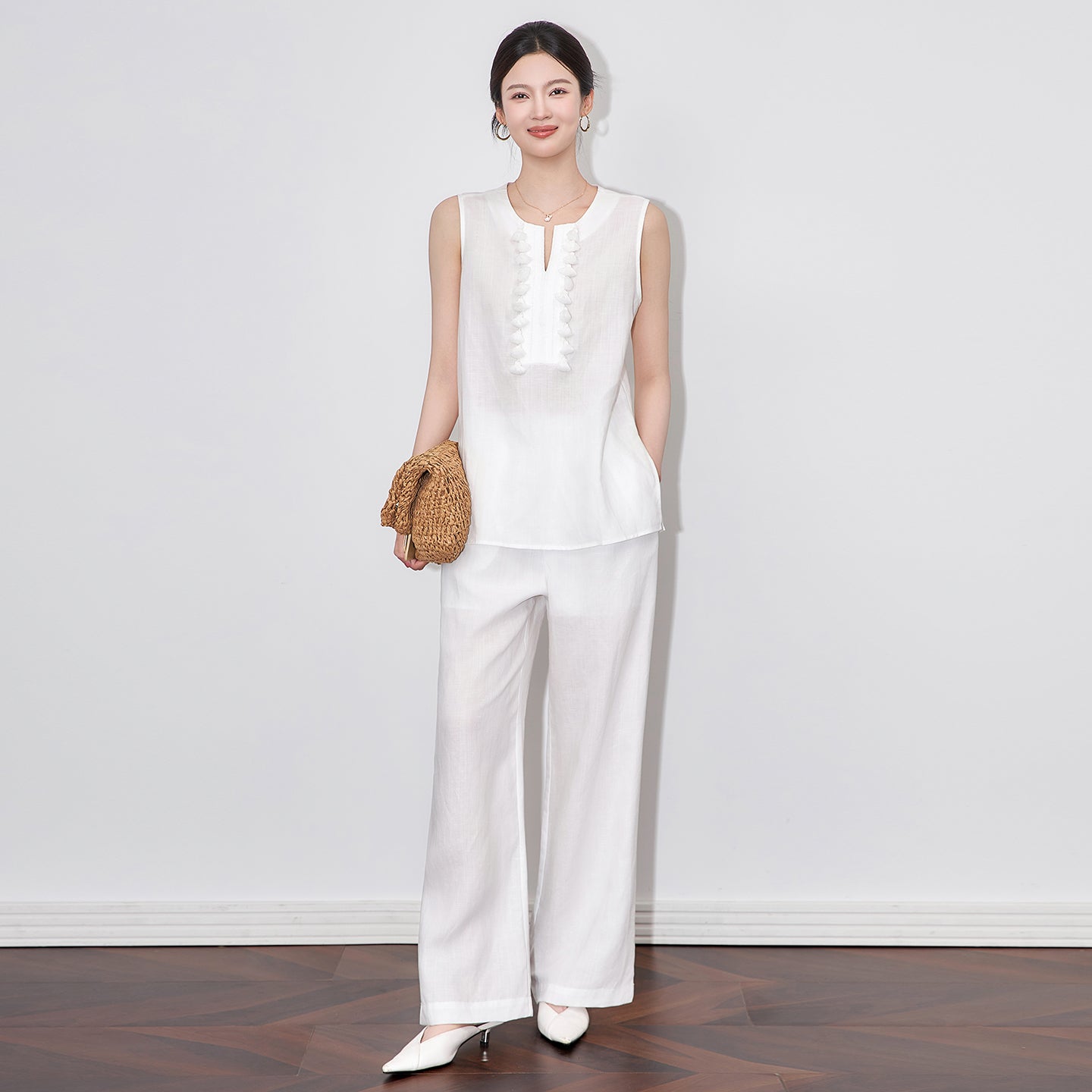 25ss French V-neck linen vest and plain wide-leg suit