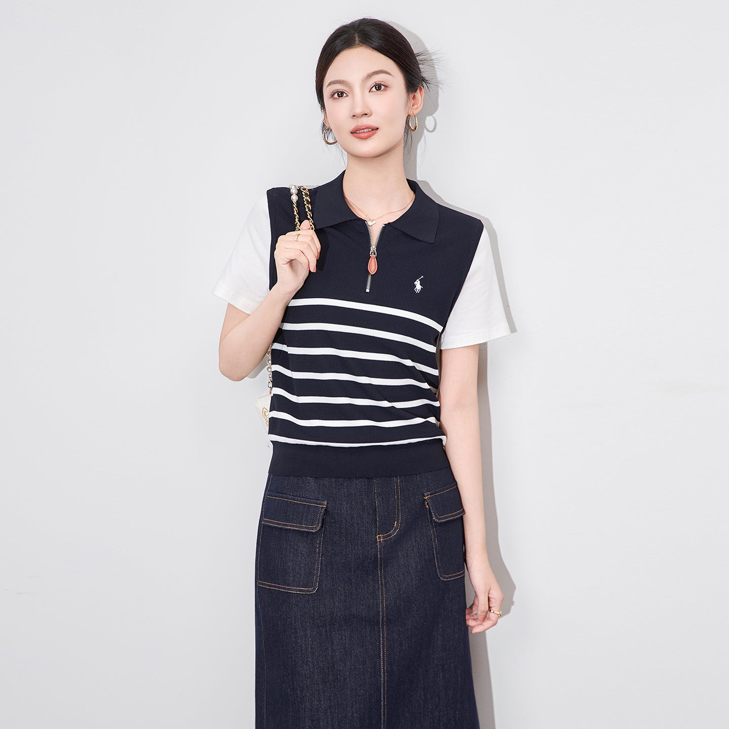 25ss Ice silk yarn striped patchwork knitted T-shirt