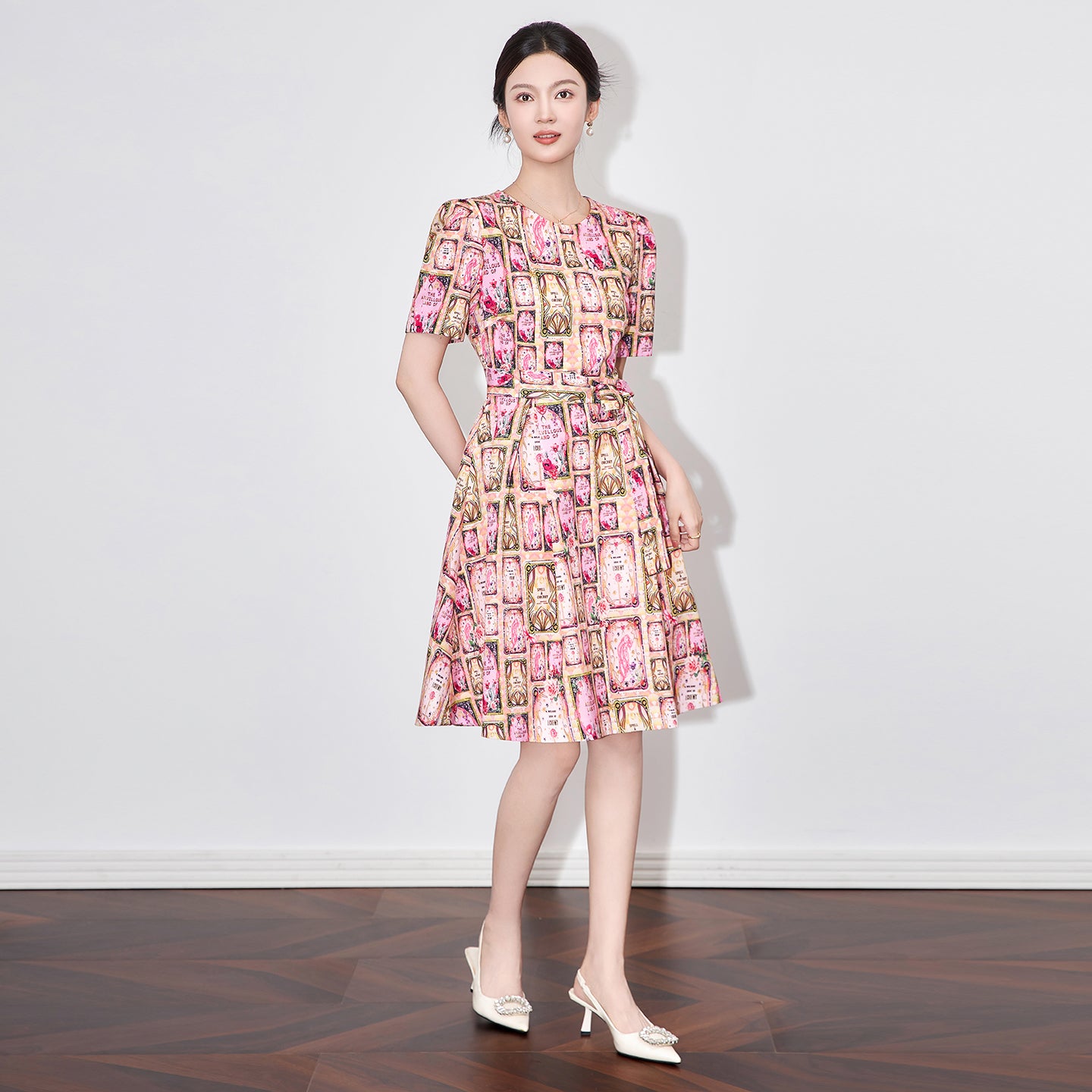 25ss Printed slimming lace-up elegant dress