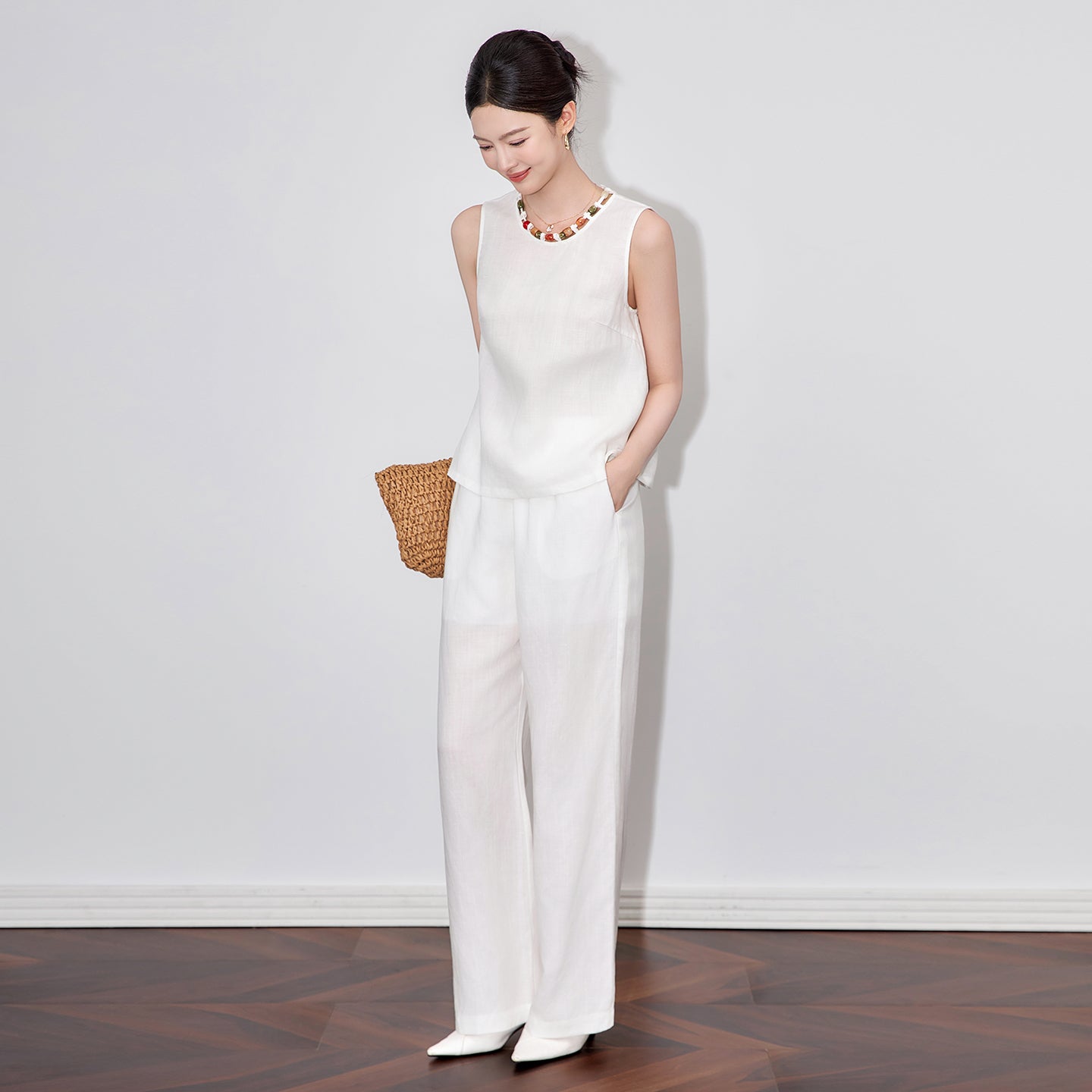 25ss Old Qian style luxurious linen vest wide-leg pants set