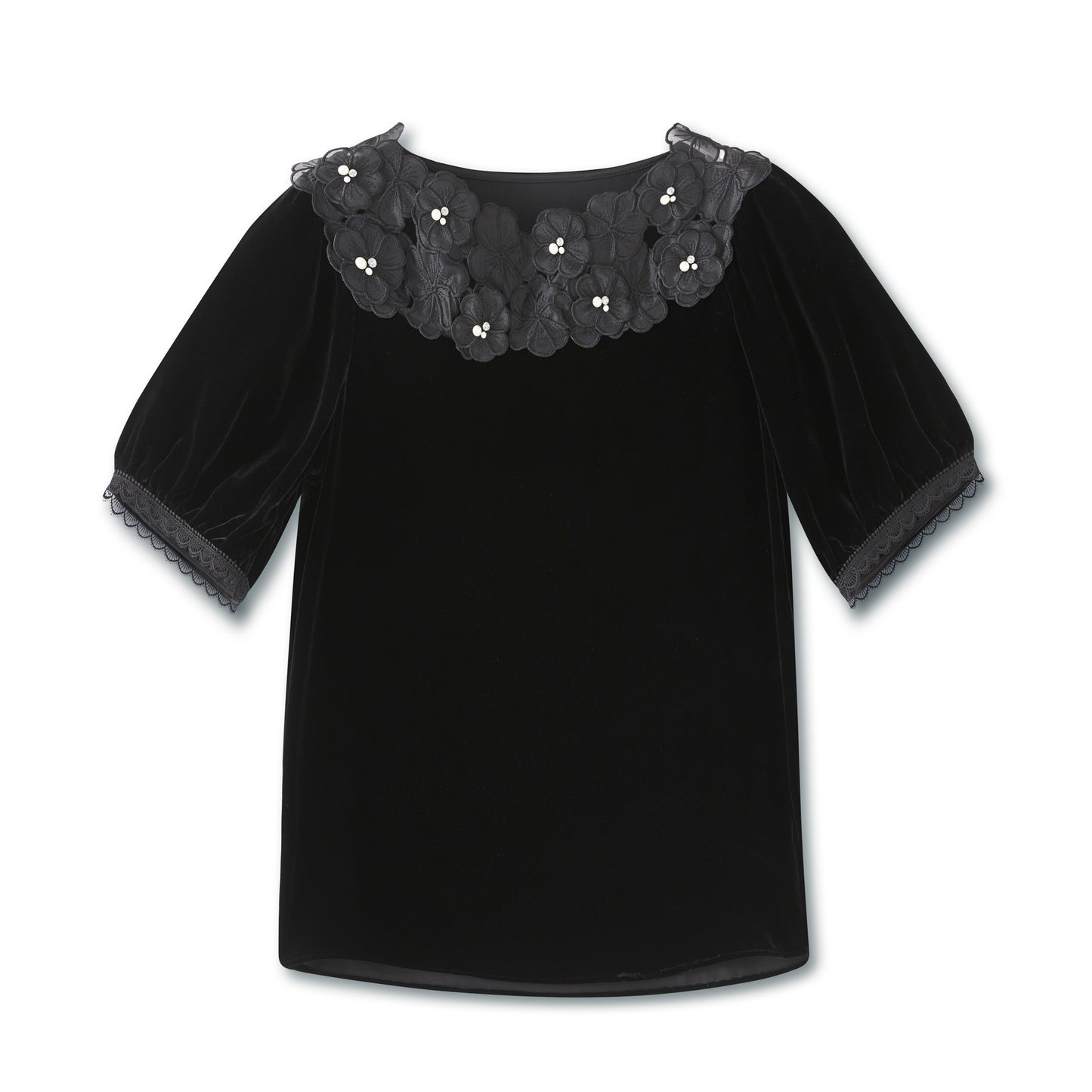 25ss Round-neck floral beaded velvet short-sleeved shirt