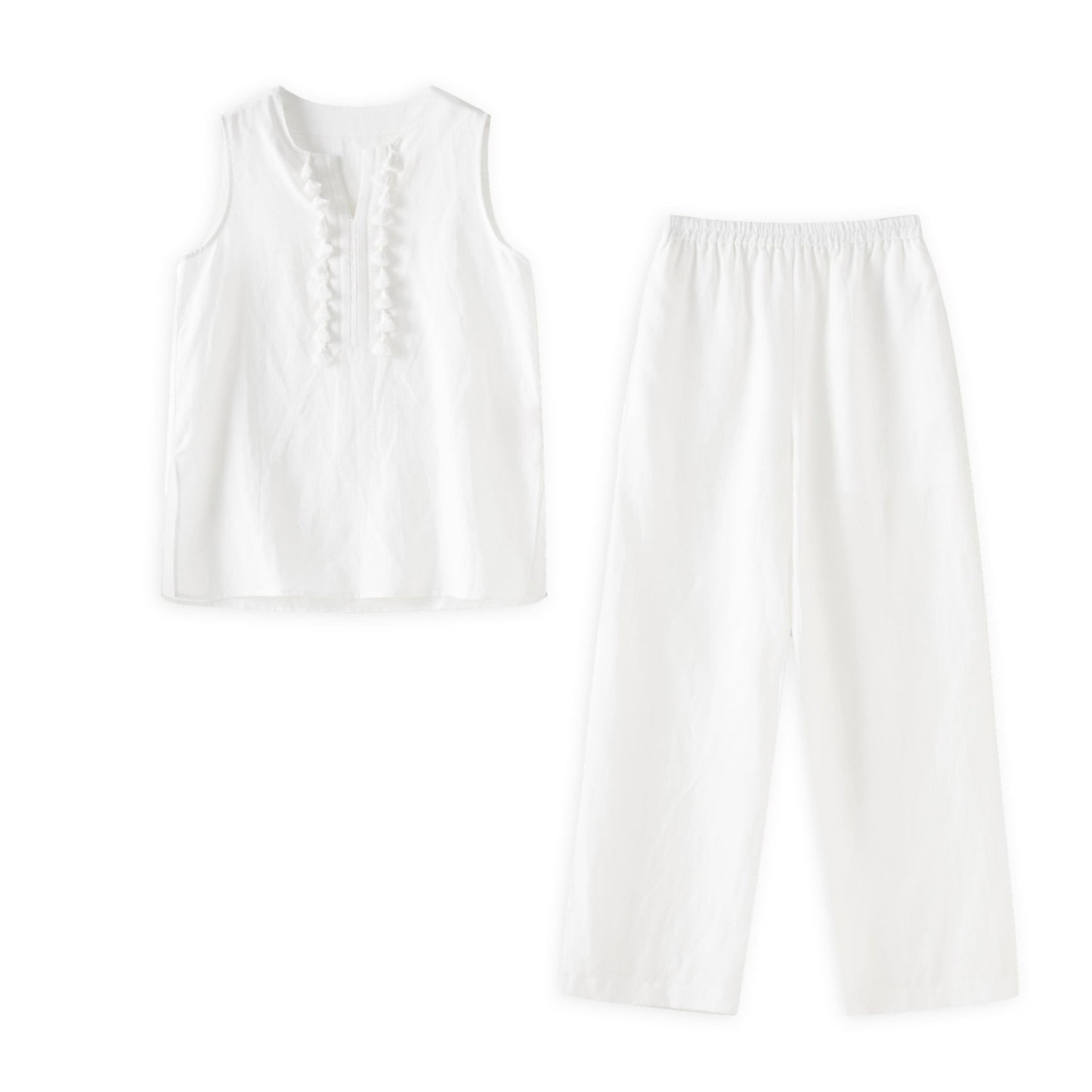 25ss French V-neck linen vest and plain wide-leg suit