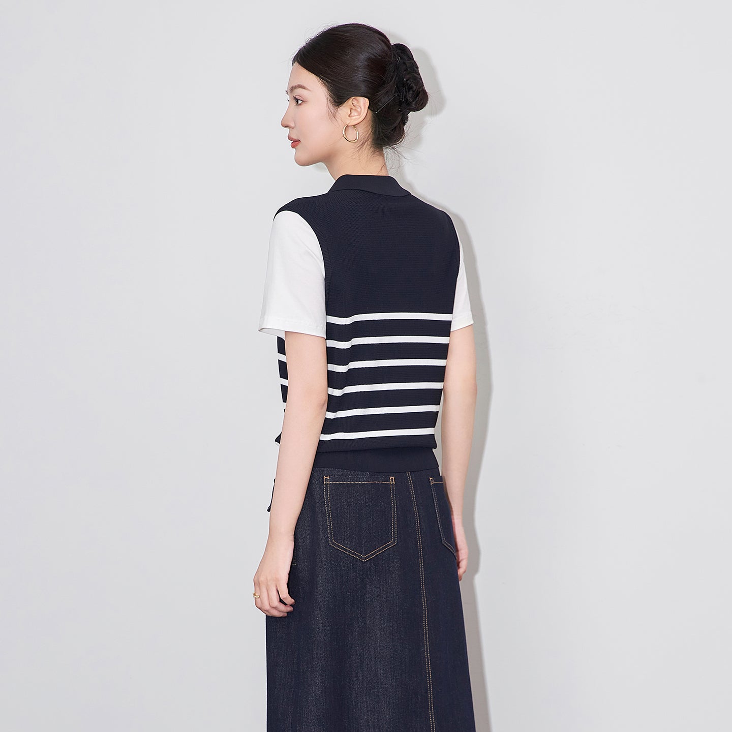 25ss Ice silk yarn striped patchwork knitted T-shirt