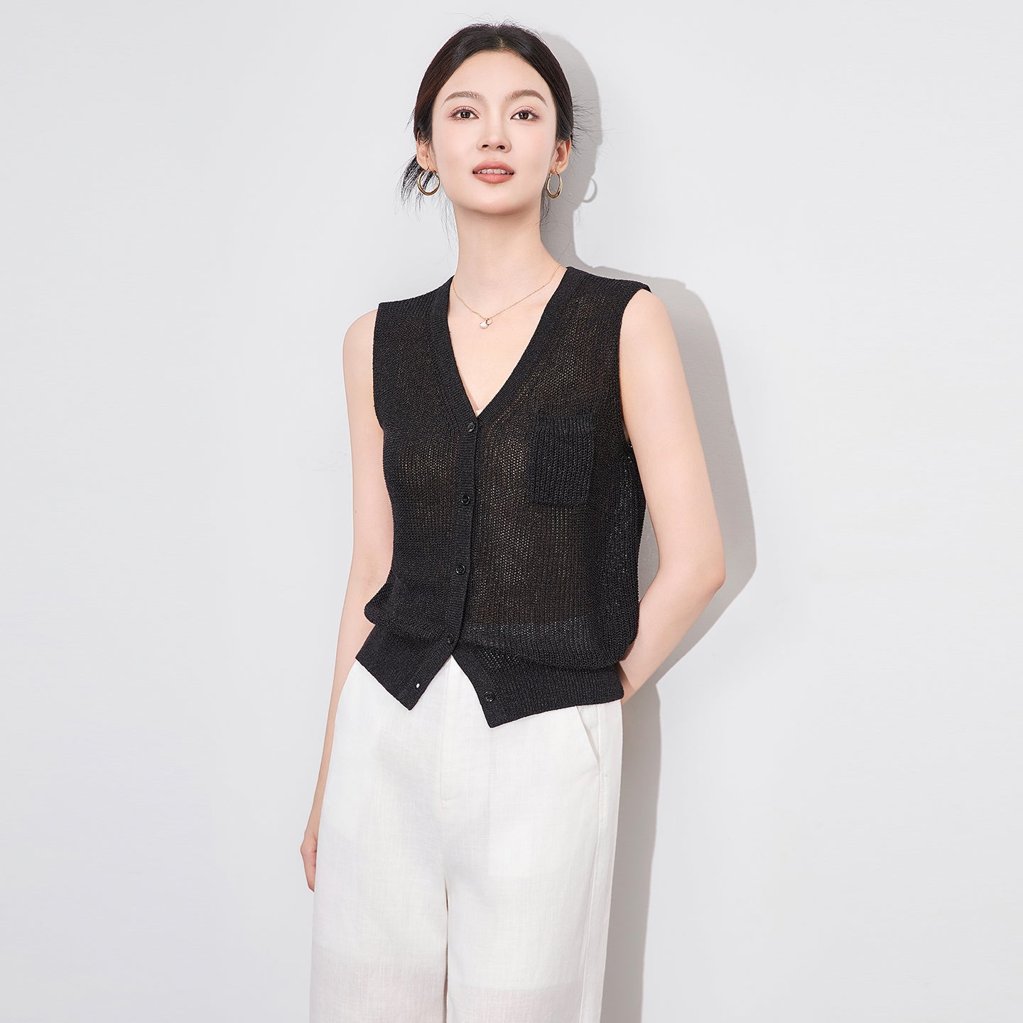 25ss V-neck single-pocket sleeveless knitted vest