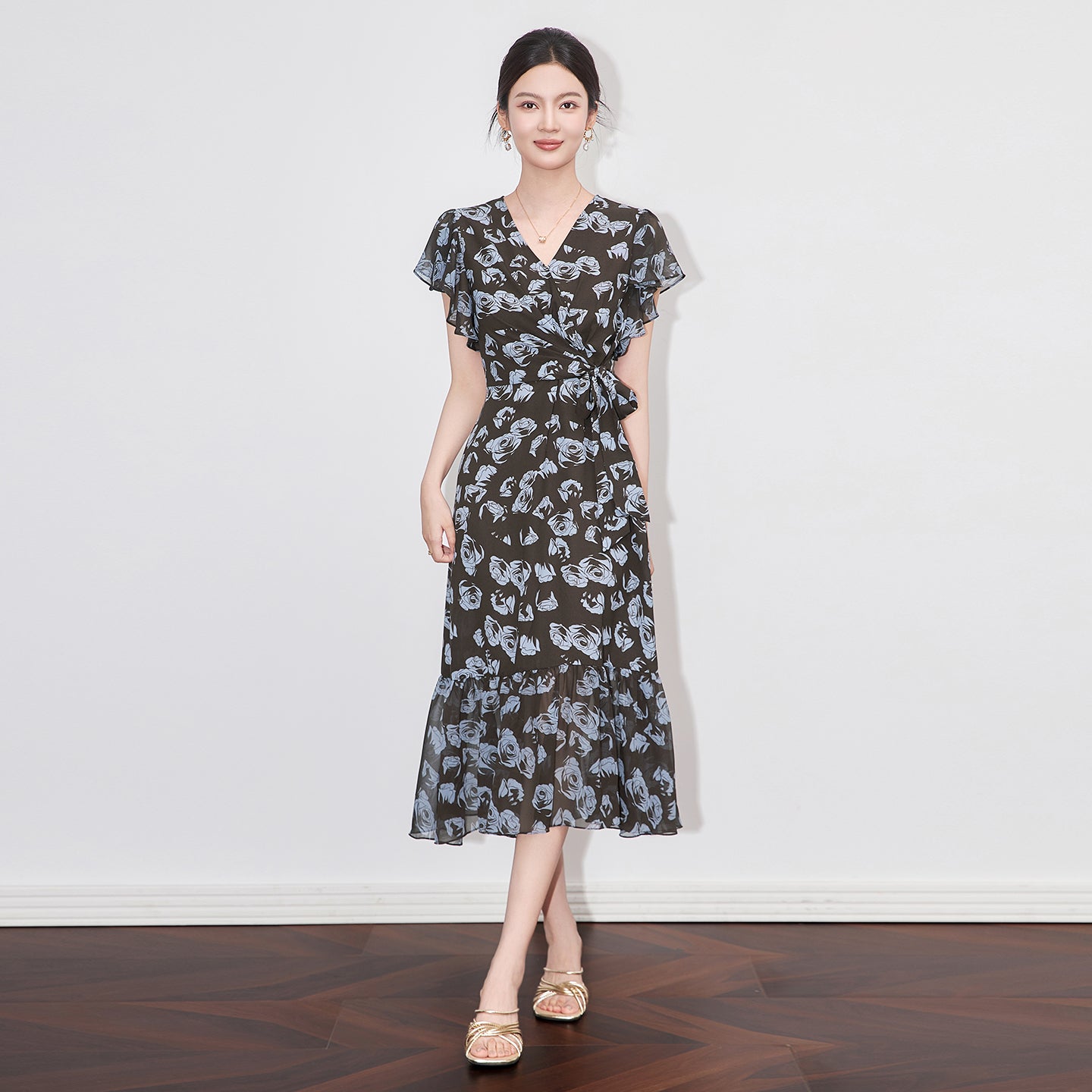 25ss Printed waist-cinching resort-style dress