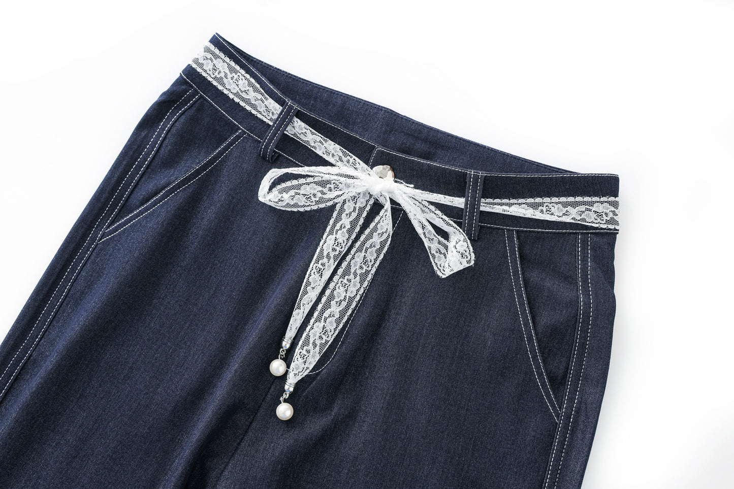 25ss Lace-tied thin jeans
