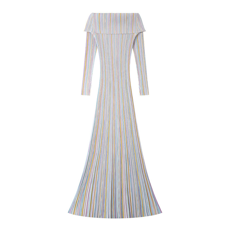 25ss One-shoulder long-sleeved striped dress