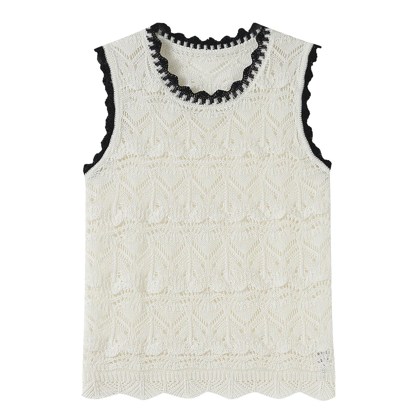 25ss French design style knitted hollowed-out crochet vest linen top