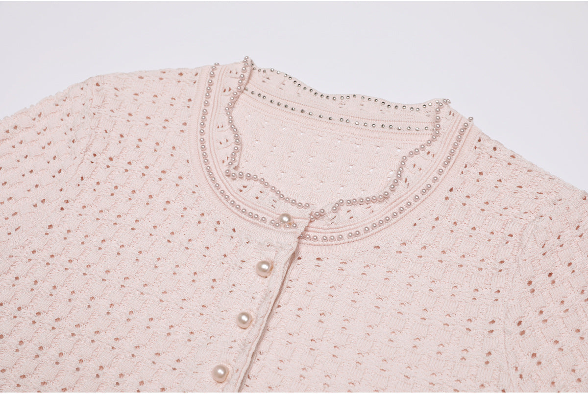 25ss Fashionable pearl short-sleeved knitted suit dress