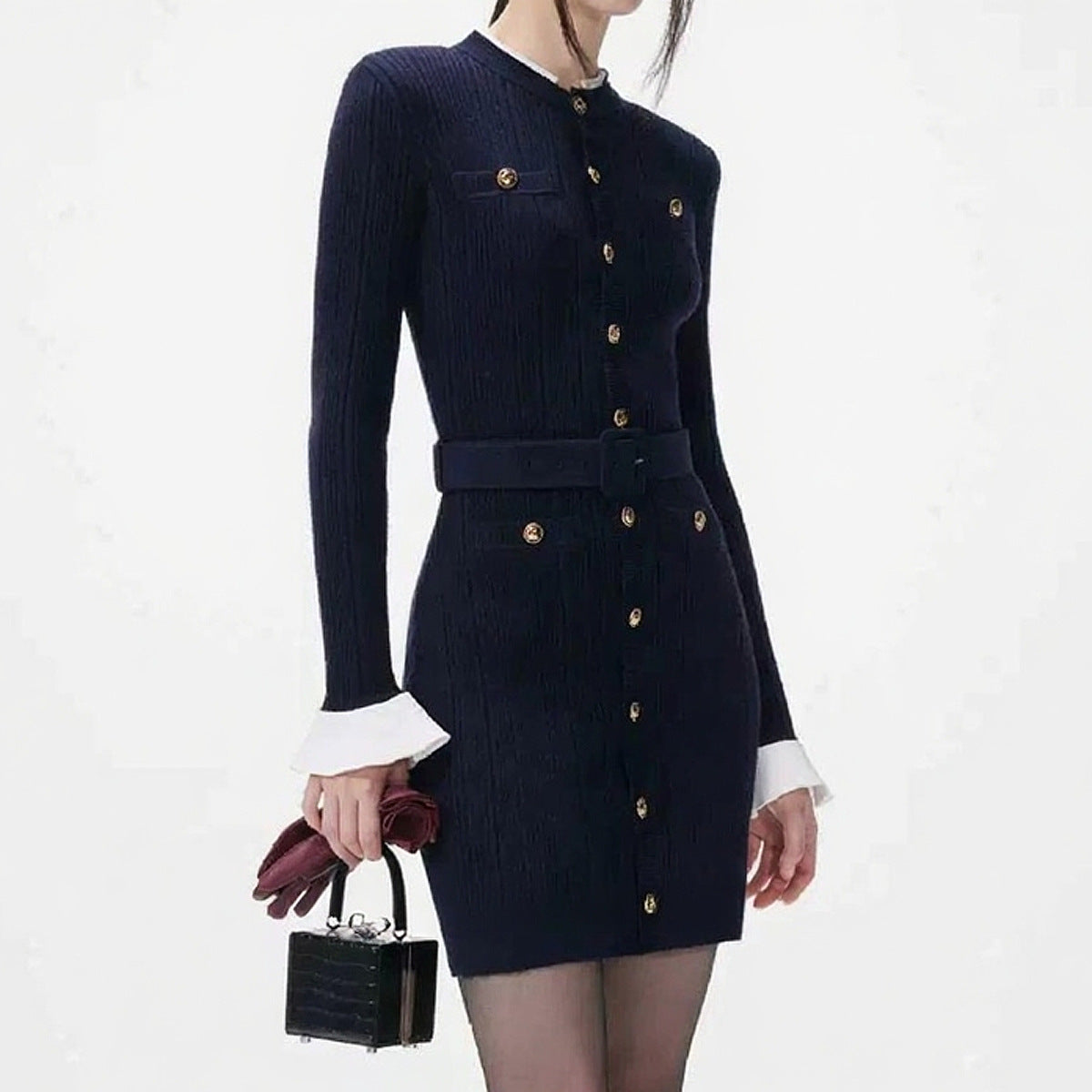 25ss Spring and Autumn belt-knit slimming short dress