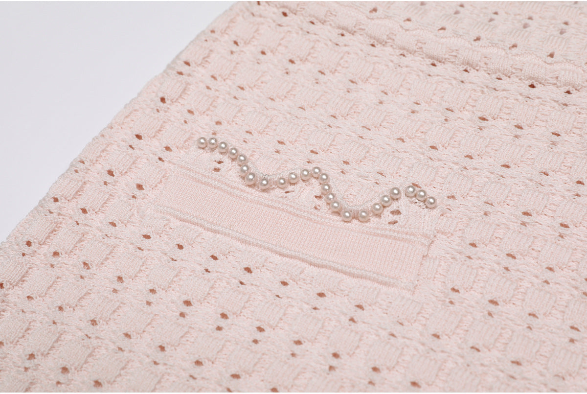 25ss Fashionable pearl short-sleeved knitted suit dress