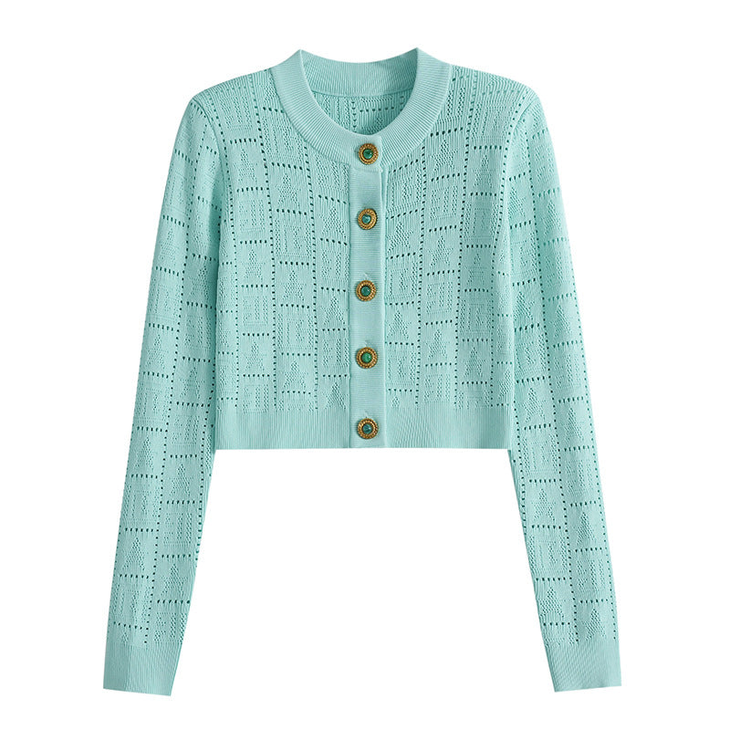 A small chanel-style jade button letter hollowed-out knitted cardigan