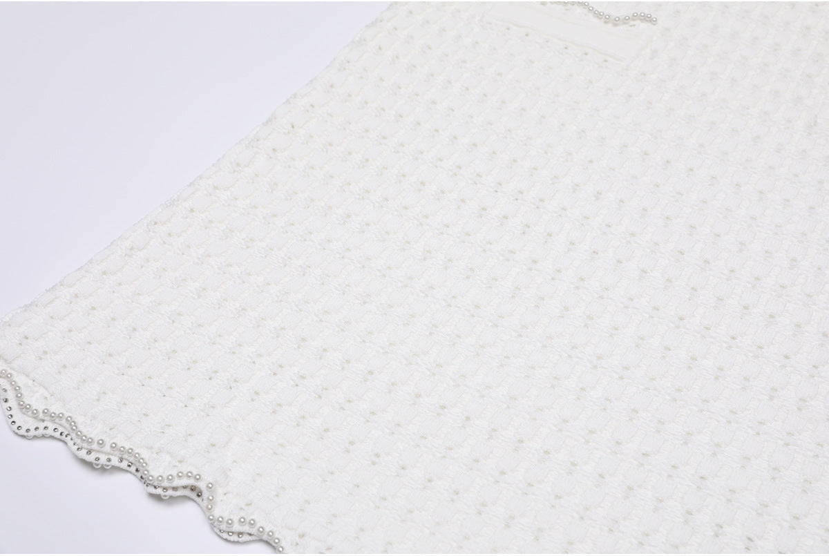 25ss Fashionable pearl short-sleeved knitted suit dress