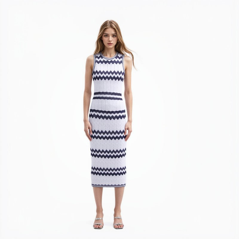 25ss Elegant lady A-line striped knitted dress