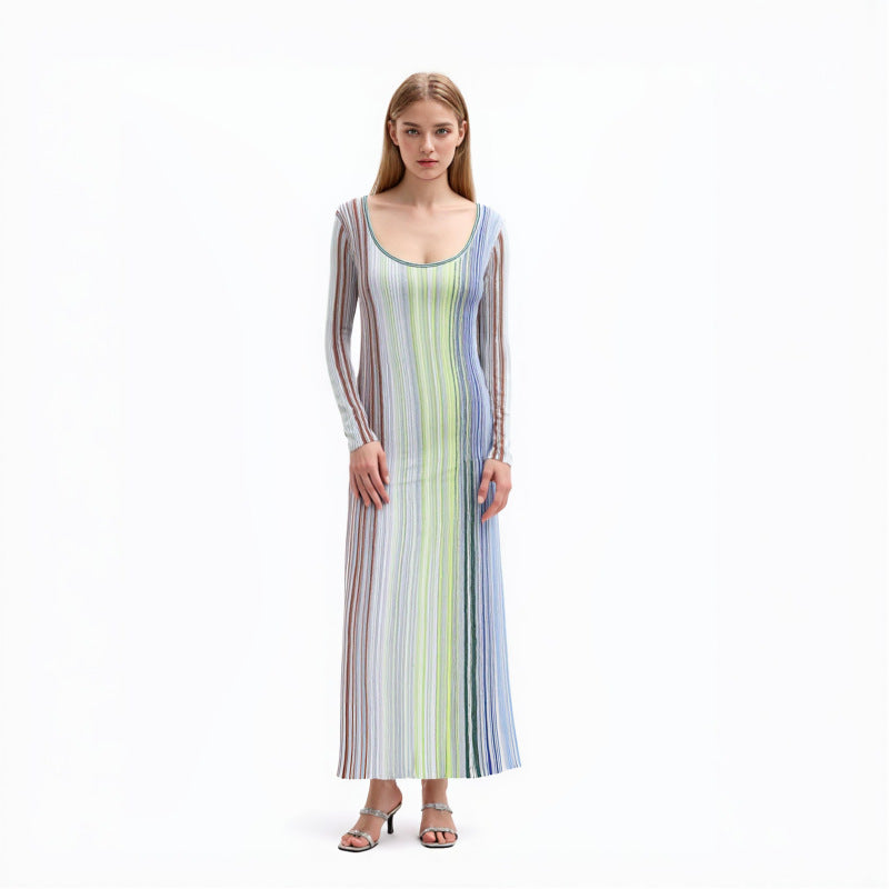 25ss Elegant striped knitted dress for autumn and winter
