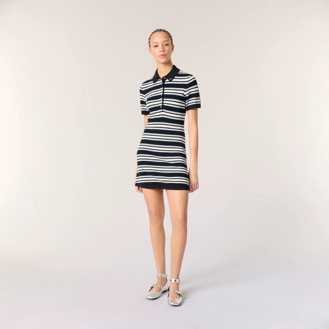25ss French retro striped polo-neck knitted dress