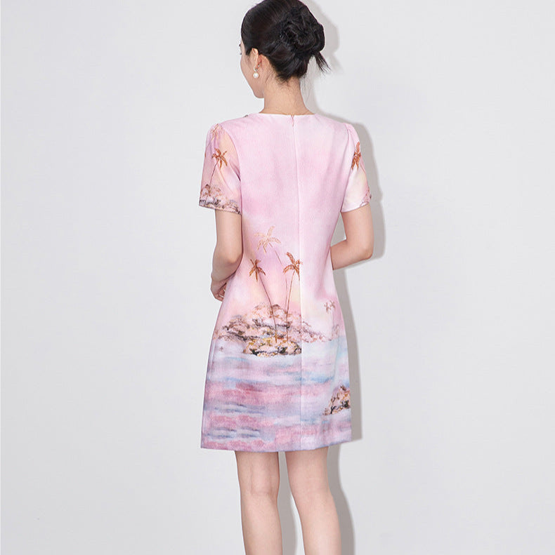 25ss Heavy-duty beaded coconut tree island print dress