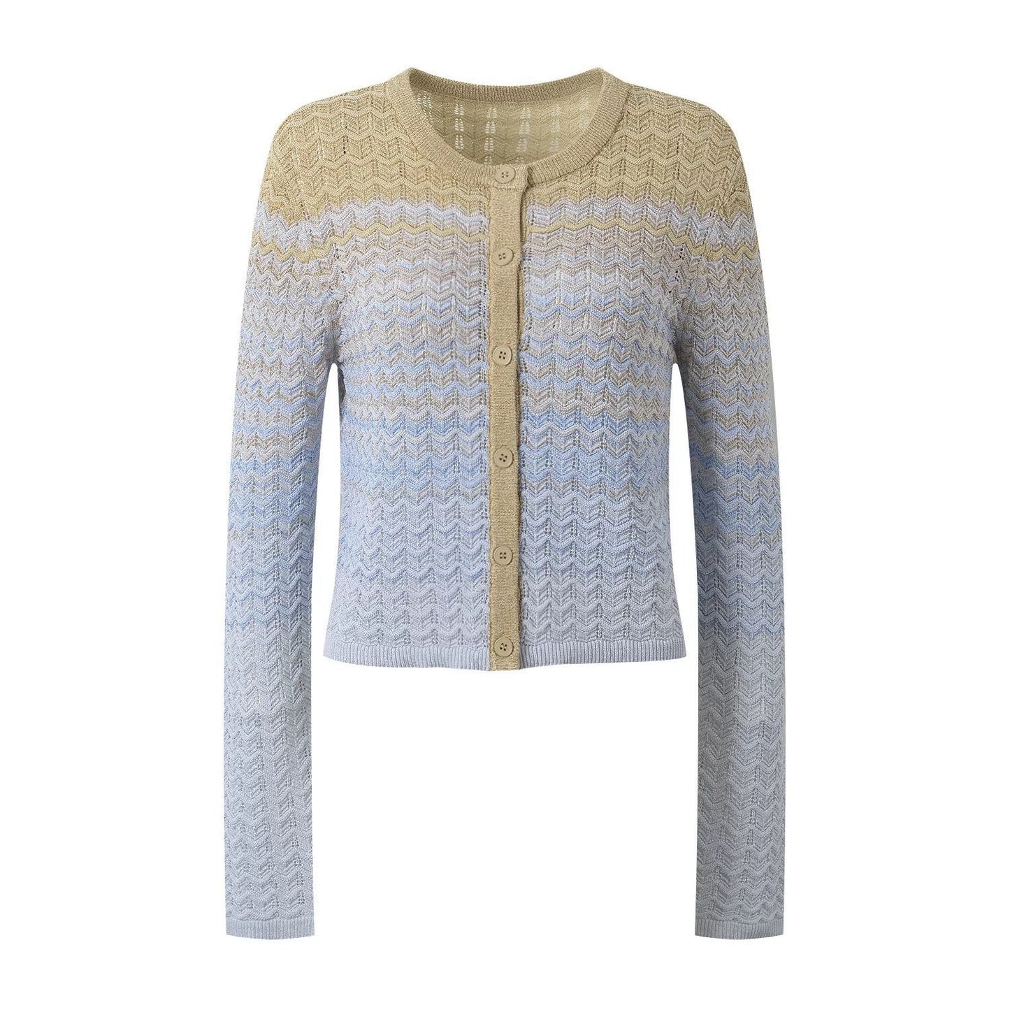 A gradient color wavy single-breasted cardigan with a design sense