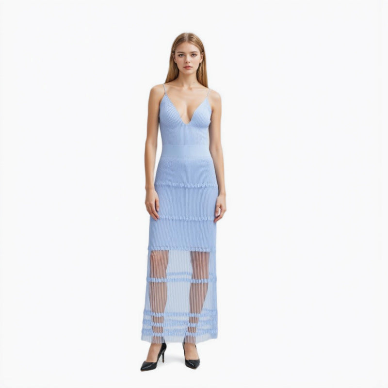 25ss Elegant V-neck A-line knitted dress for spring and summer