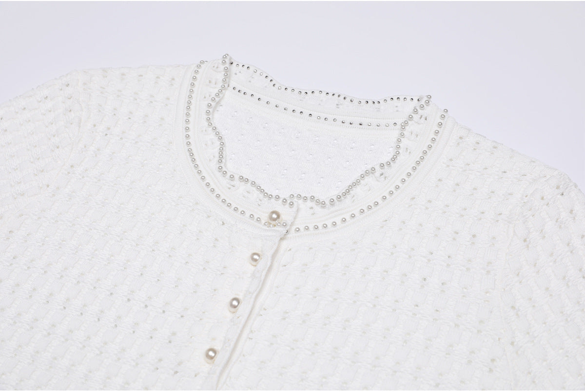 25ss Fashionable pearl short-sleeved knitted suit dress