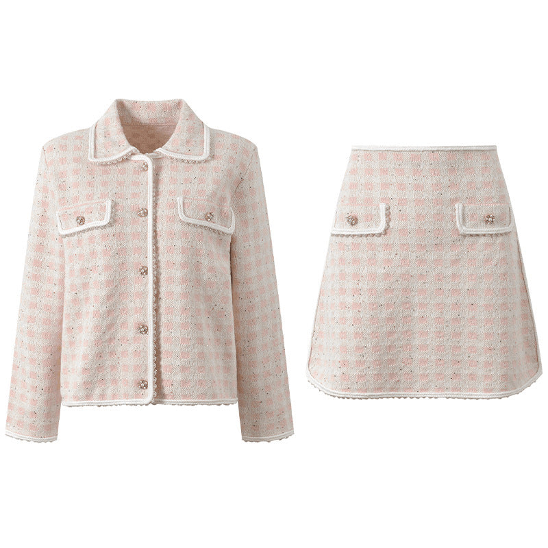25ss A two-piece set of a thousand-bird check knitted cardigan