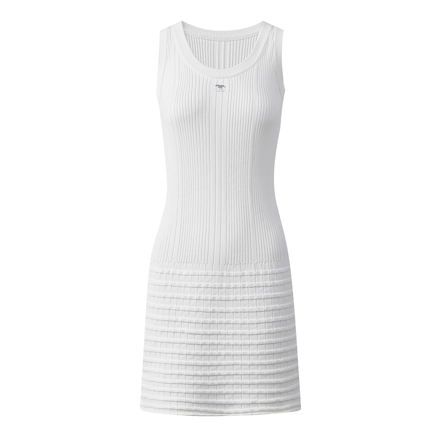 French - Style Logo - Embellished Grid - Paneled Sleeveless Knit Dress