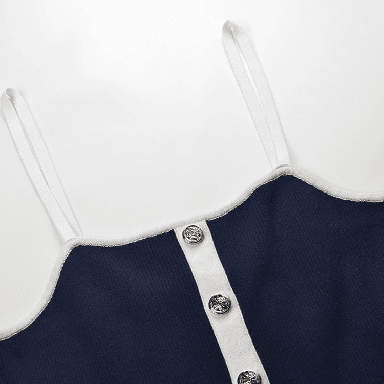 French Color - Block Button Knit Slip Dress