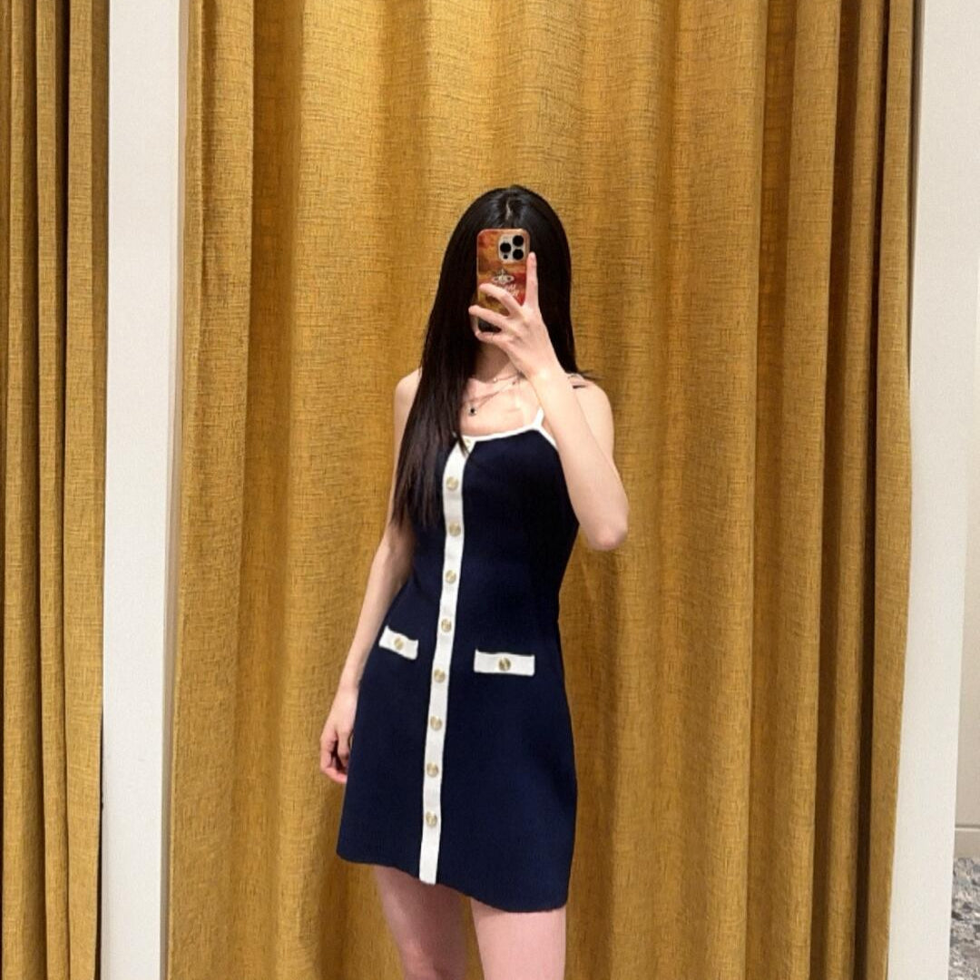 French Color - Block Button Knit Slip Dress