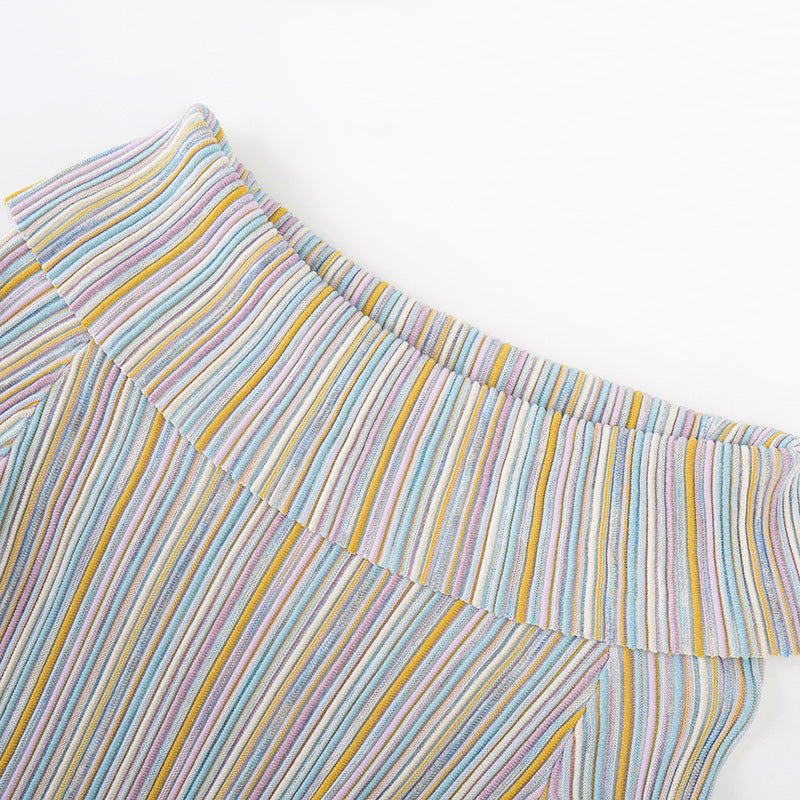 25ss One-shoulder long-sleeved striped dress