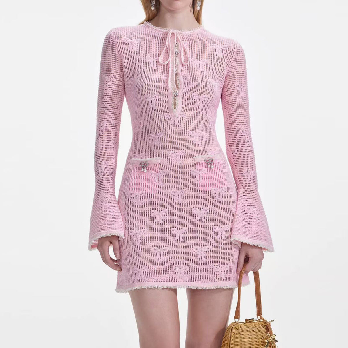 25ss Autumn knitted cut-out embroidery dress