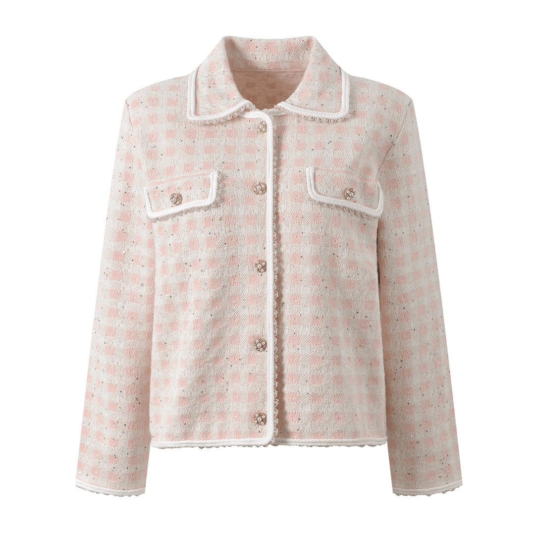 25ss A two-piece set of a thousand-bird check knitted cardigan
