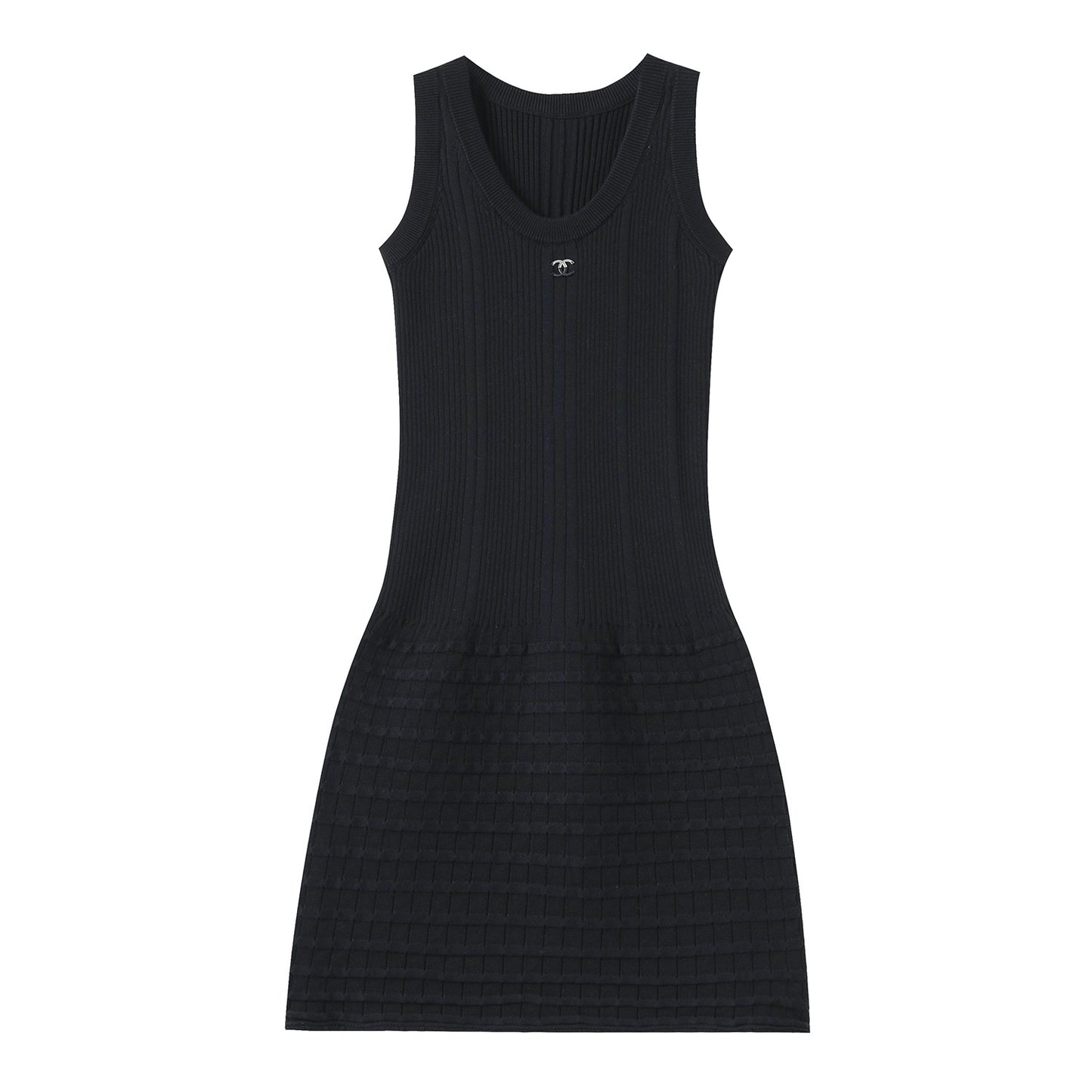 French - Style Logo - Embellished Grid - Paneled Sleeveless Knit Dress