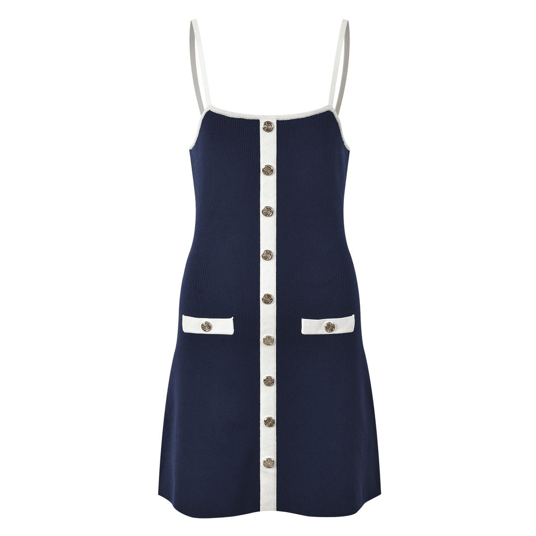 French Color - Block Button Knit Slip Dress