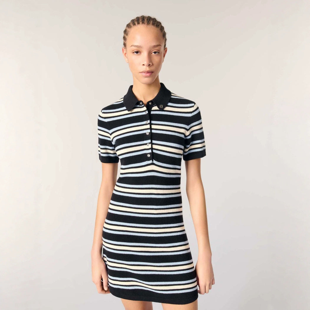 25ss French retro striped polo-neck knitted dress