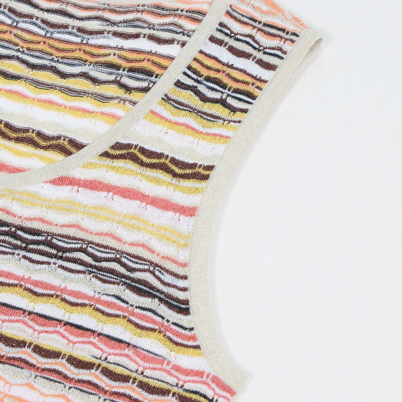 25ss Elegant and ladylike sleeveless striped knitted dress