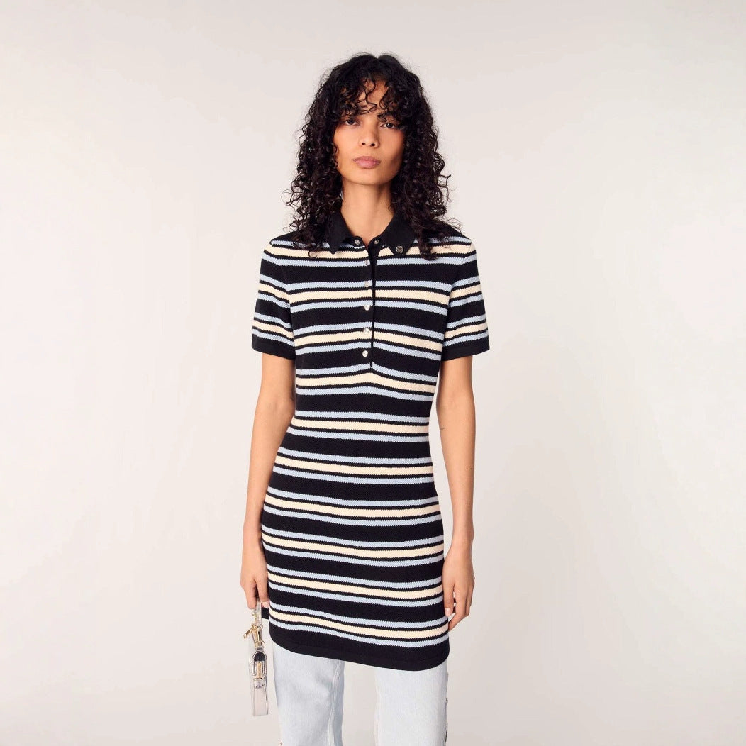 25ss French retro striped polo-neck knitted dress