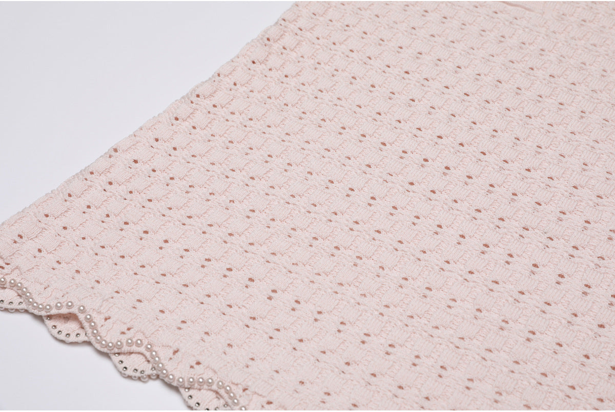 25ss Fashionable pearl short-sleeved knitted suit dress