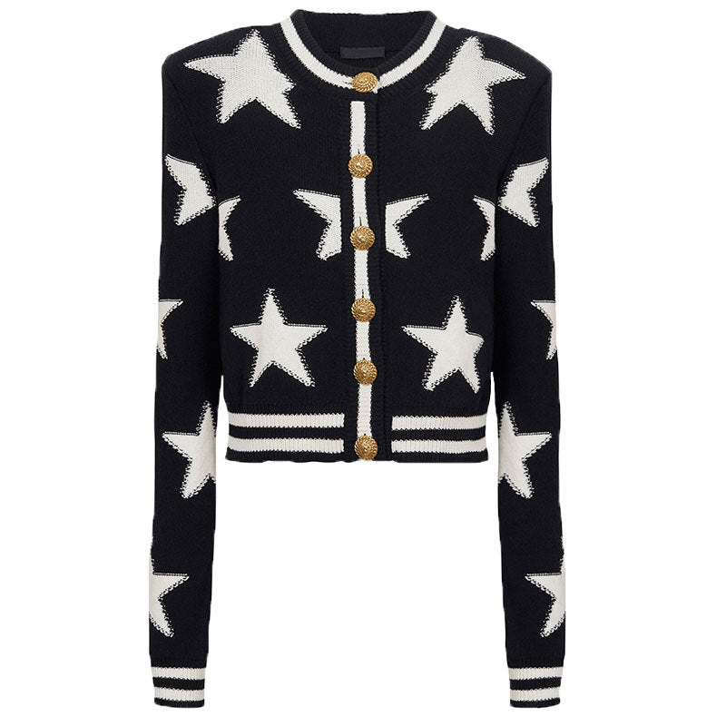 A chanel-style shoulder-padded knitted cardigan