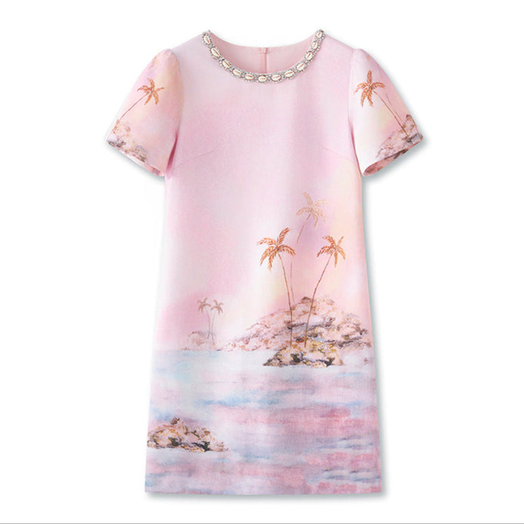 25ss Heavy-duty beaded coconut tree island print dress