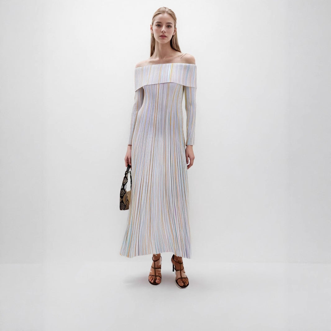 25ss One-shoulder long-sleeved striped dress