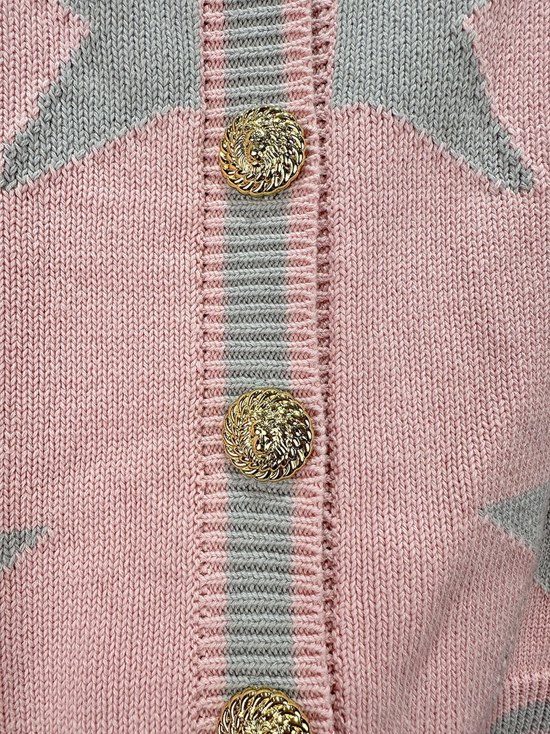 A chanel-style shoulder-padded knitted cardigan