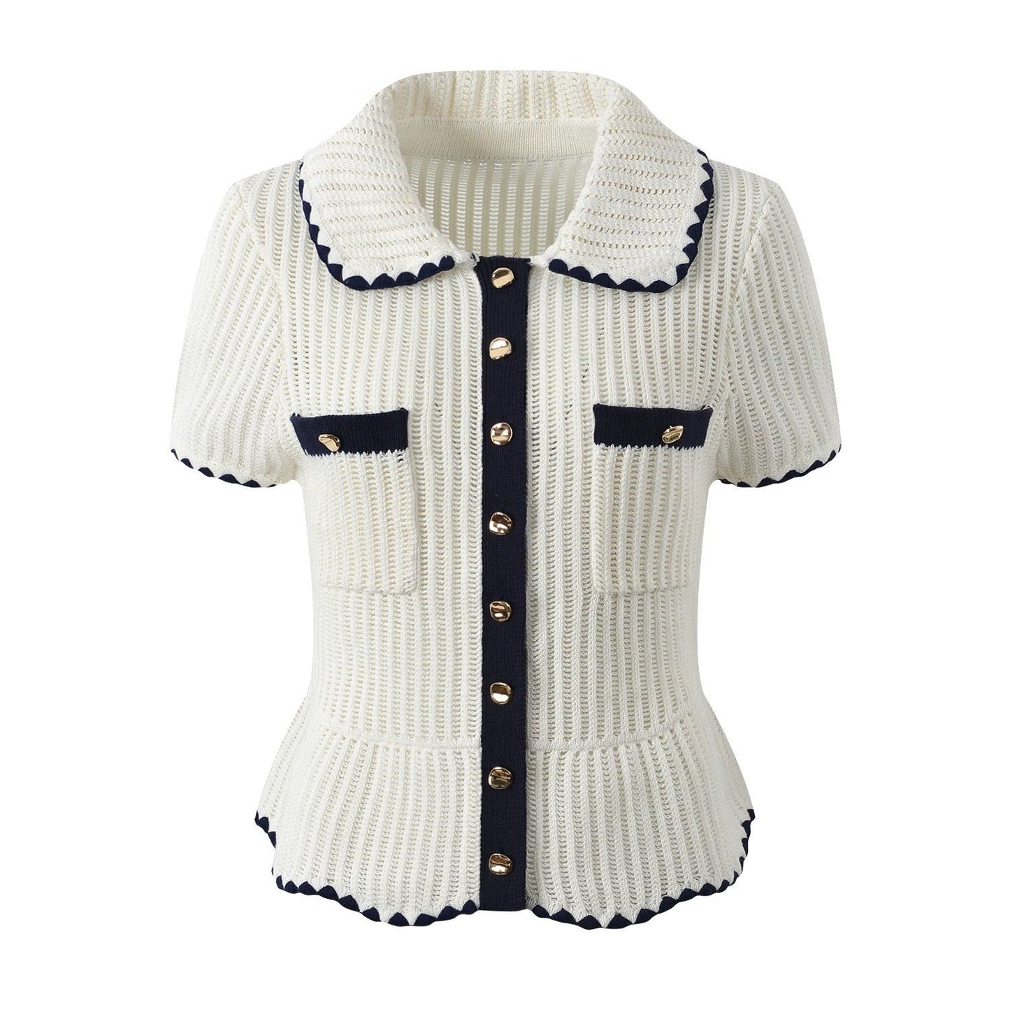 Elegant short-sleeved knitted sweater with ruffled lapels