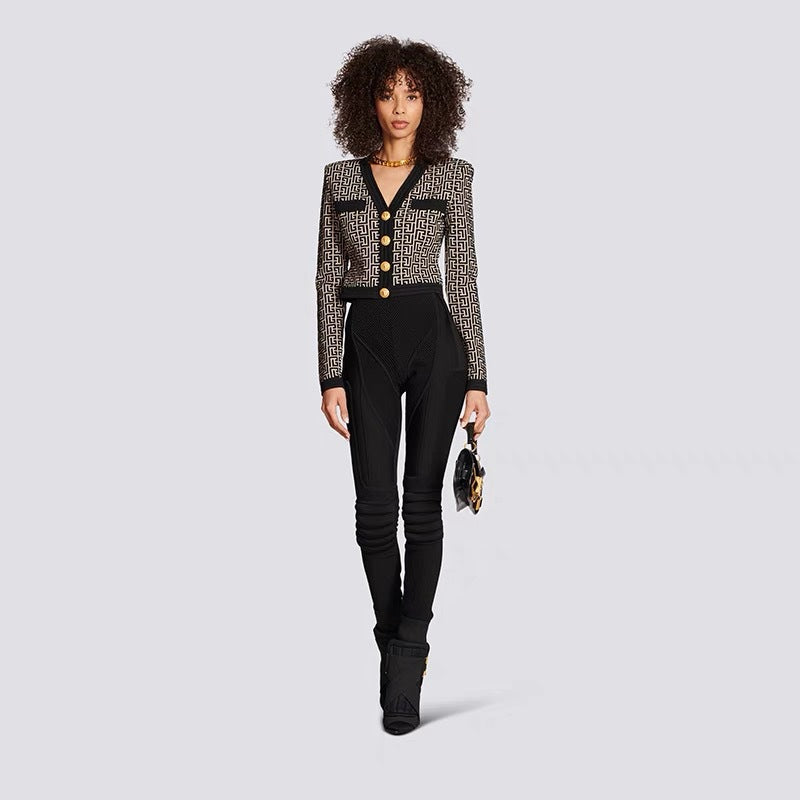 This is a slim knitted metal-buttoned cardigan