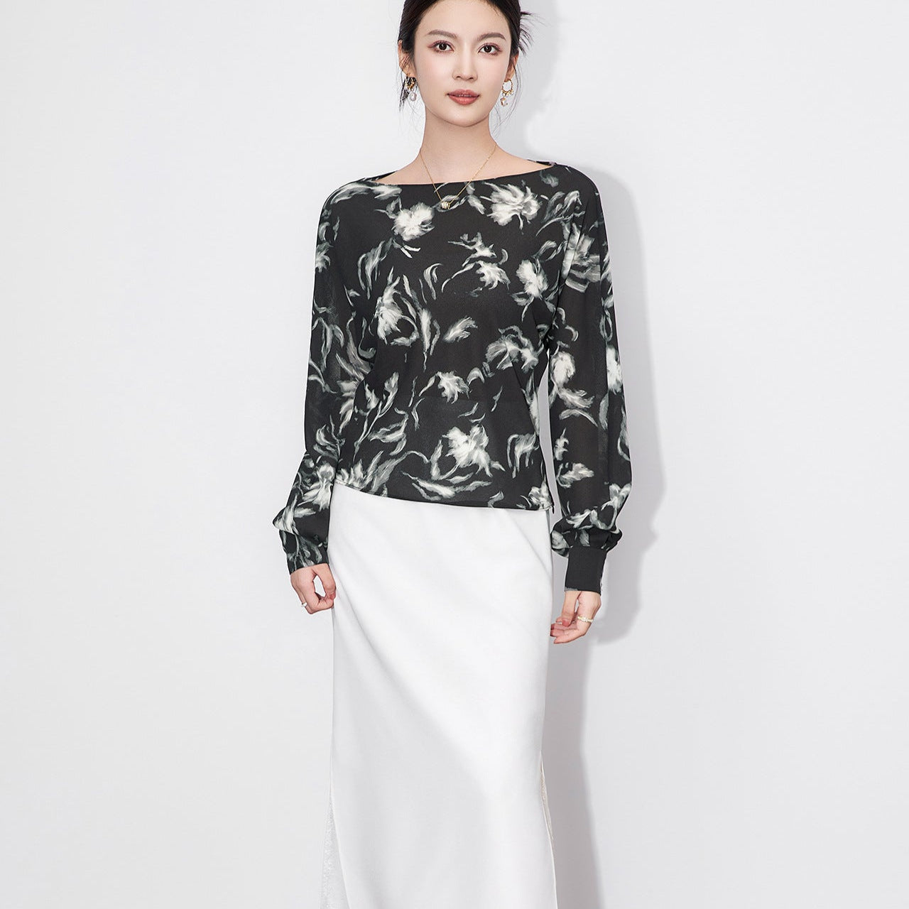 25ss Early autumn chiffon printed one-shoulder top