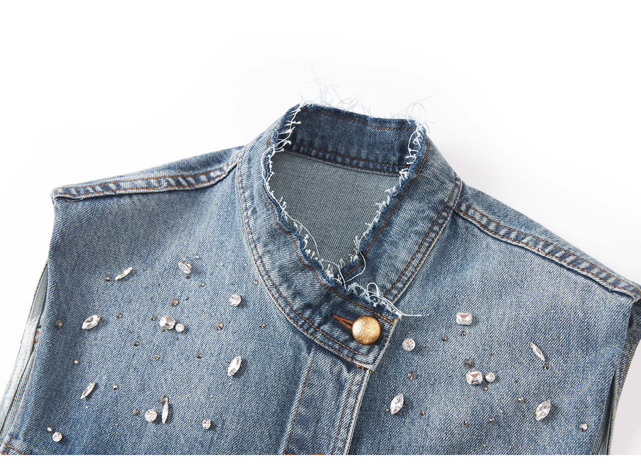 25ss A light luxury hand-stitched diamond denim vest jacket
