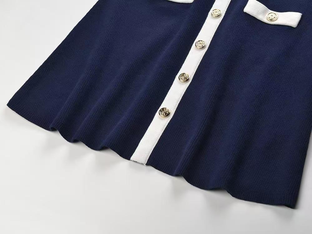 French Color - Block Button Knit Slip Dress