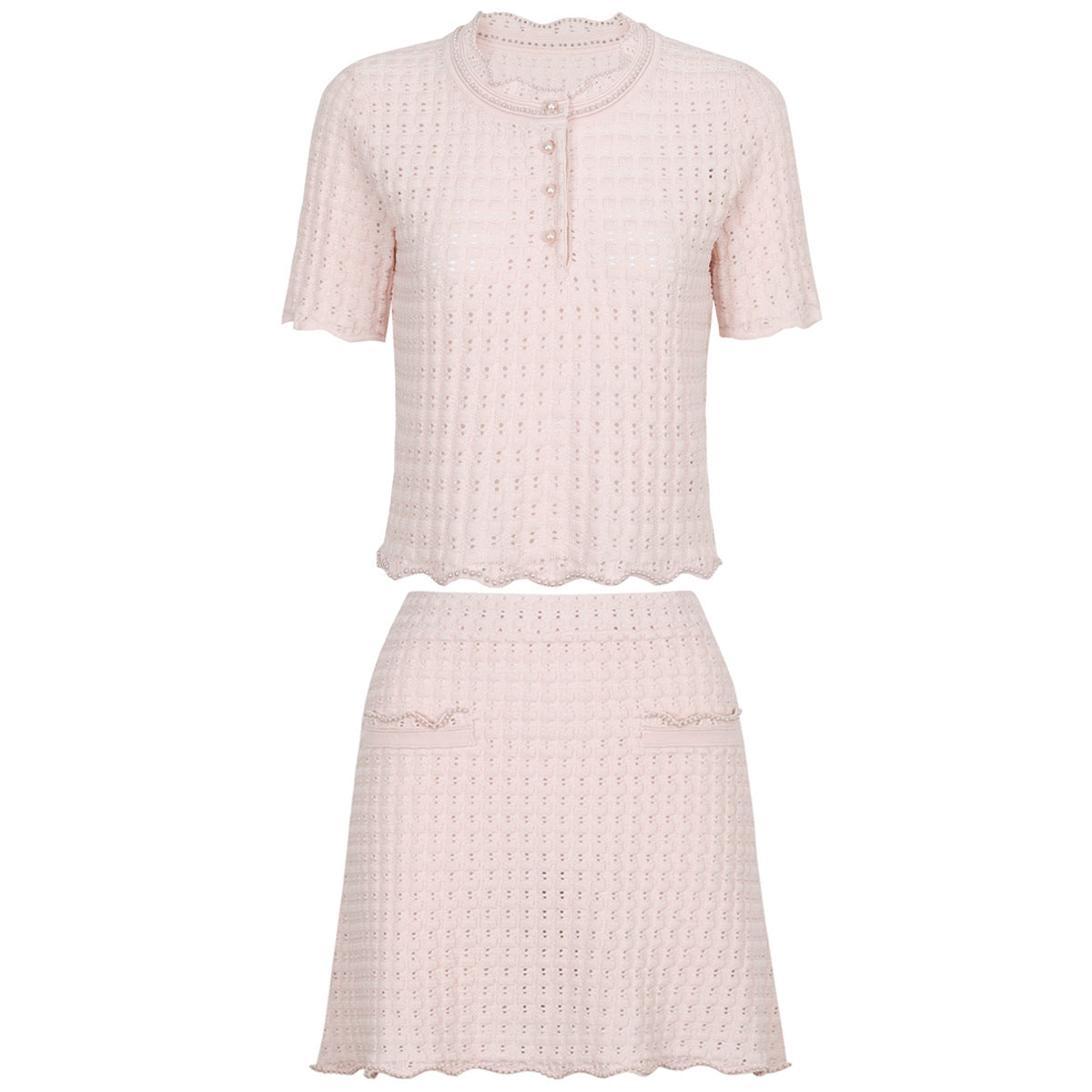 25ss Fashionable pearl short-sleeved knitted suit dress