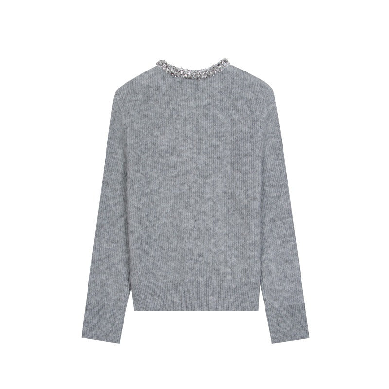 25ss Elegant beaded alpaca wool knitted sweater for autumn and winter