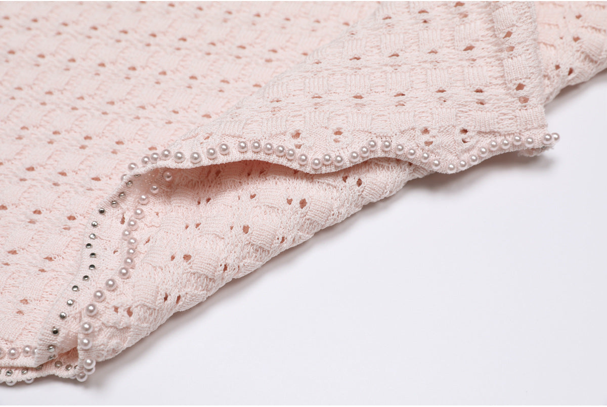 25ss Fashionable pearl short-sleeved knitted suit dress