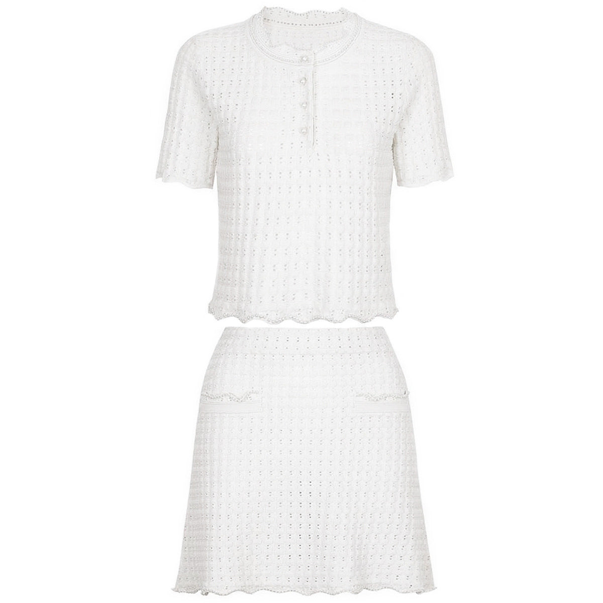 25ss Fashionable pearl short-sleeved knitted suit dress
